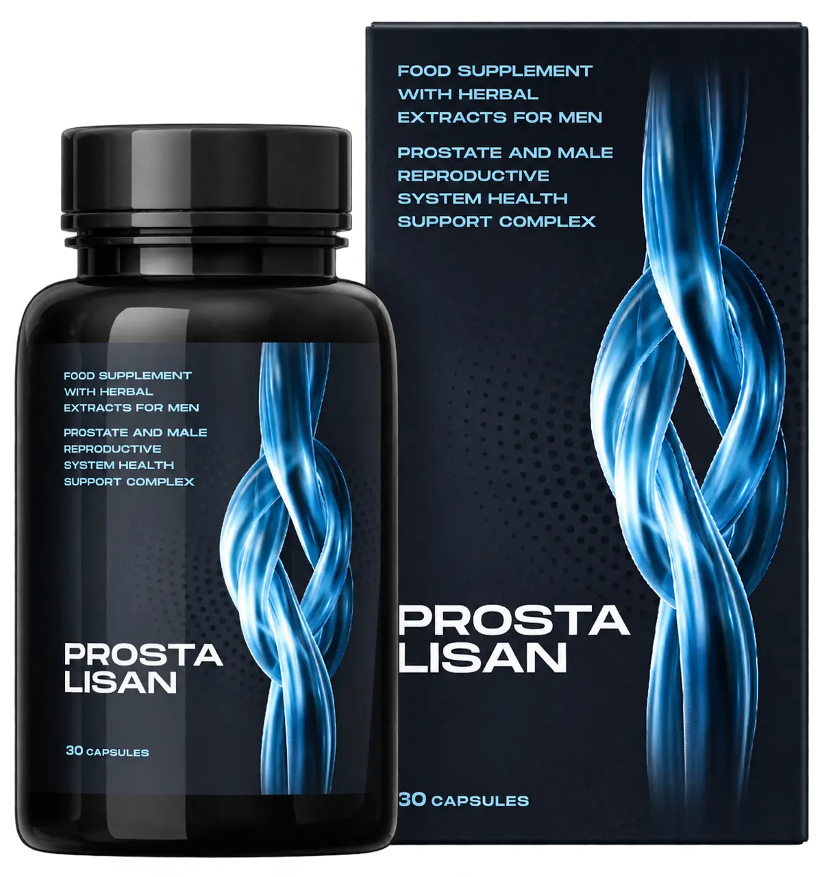 Flacon Prostalisan cu 30 de capsule și cutia bleumarin cu numele PROSTA LISAN, supliment alimentar pentru prostată
